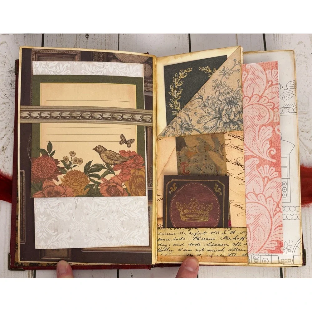Handmade Regency Victorian Junk Journal Memory Keeper Red Gold Velvet Ribbon Tie